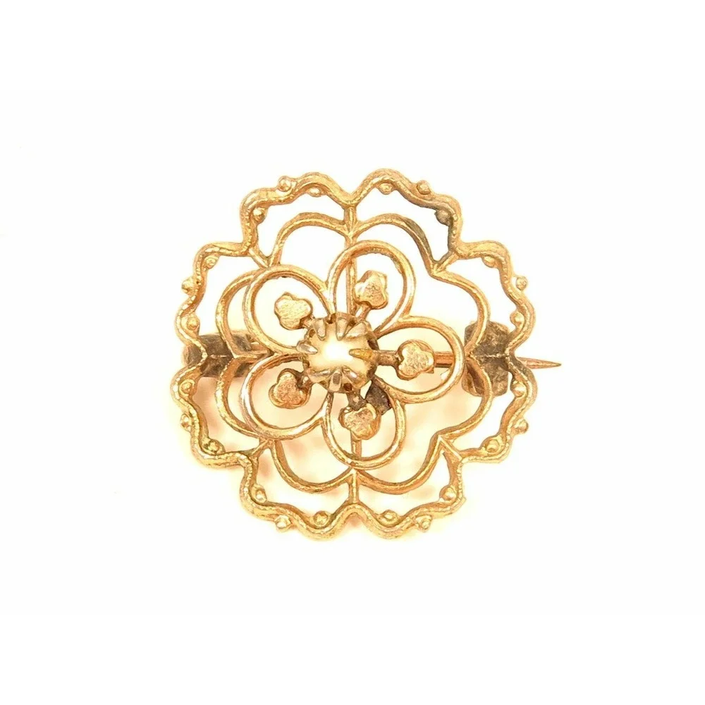 Vintage Small Art Deco‎ Floral Abstract Flower Filigree Pearl Gold Plated Pin